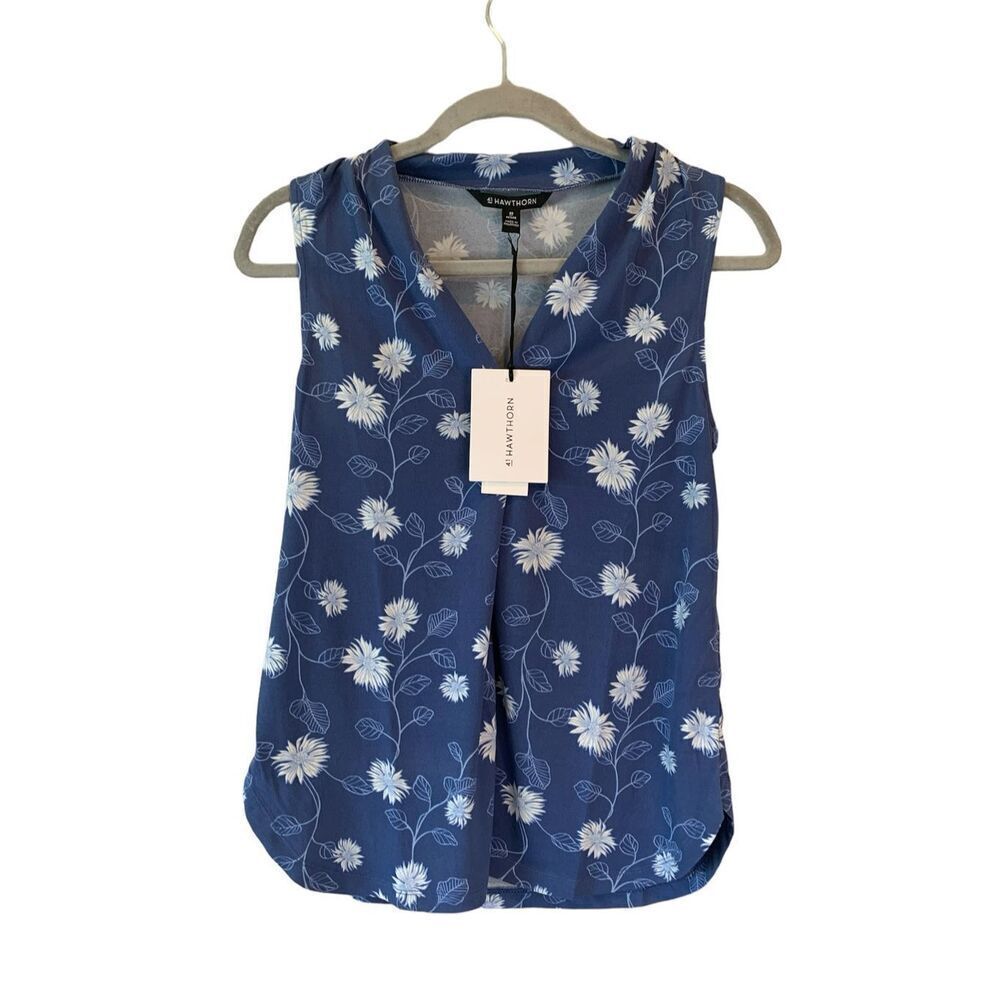 41 Hawthorn Blue Floral Slinky Sleeveless V-Neck Blouse Top Size XS Petite NWT